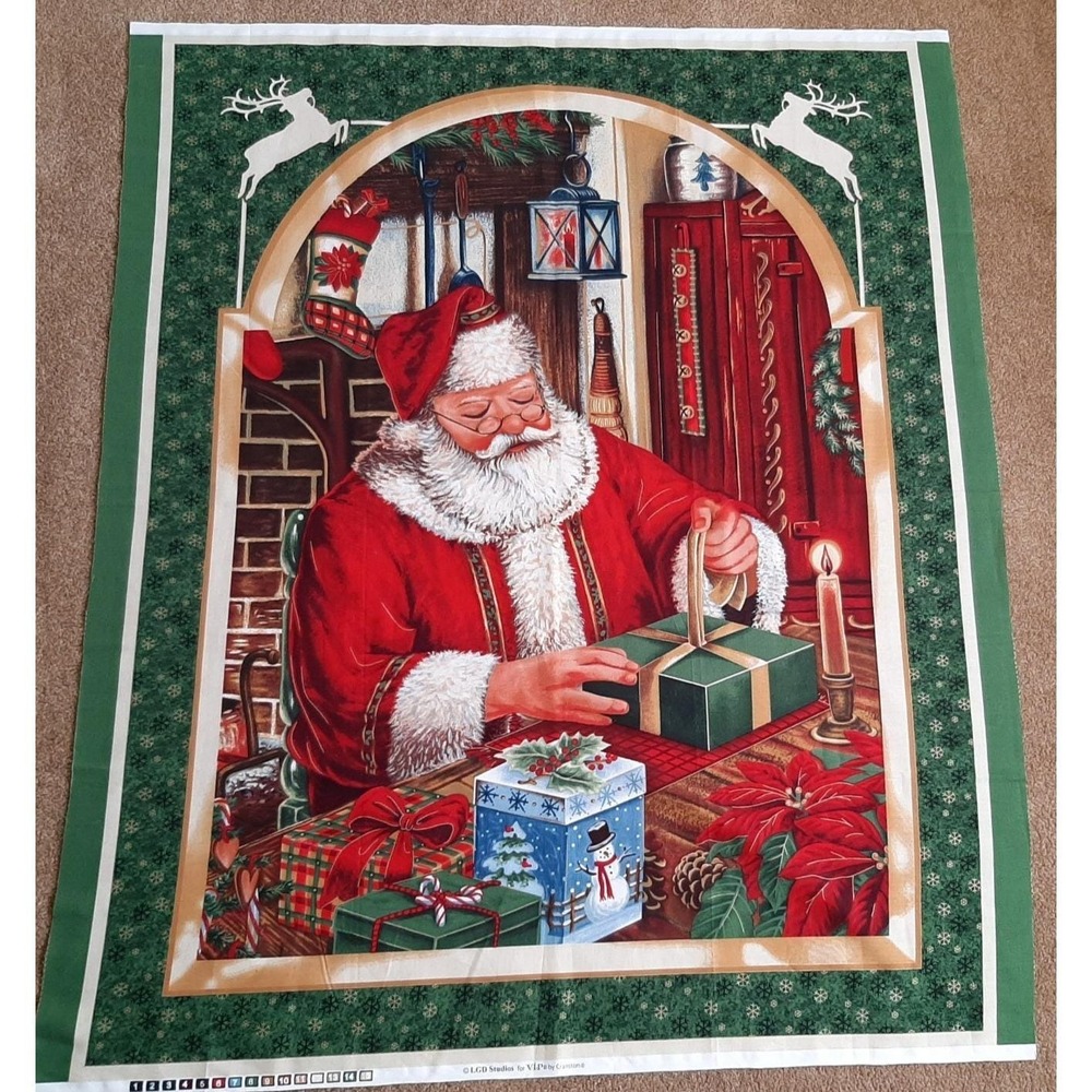 LGD Studios Santa Wrapping Christmas Presents Cotton Fabric Panel 45L x 36w